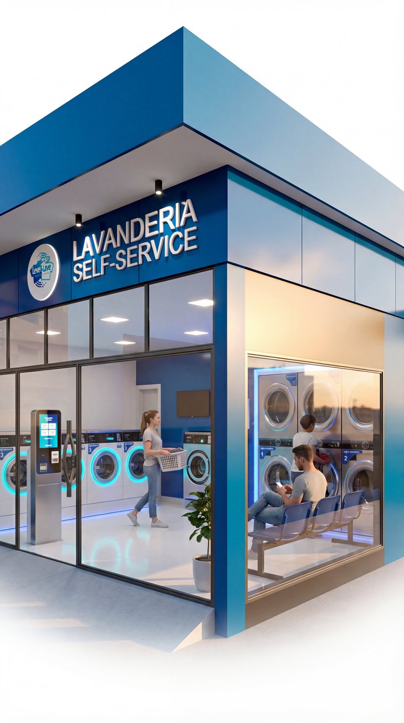 Lavanderia Leve & Lave, fachada 3D com clientes